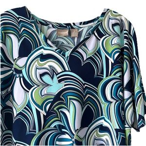 Chicos Women's V-Neck Top Size‎ 2 (L-12) Blue Green Geometric Floral Swirl S/S
